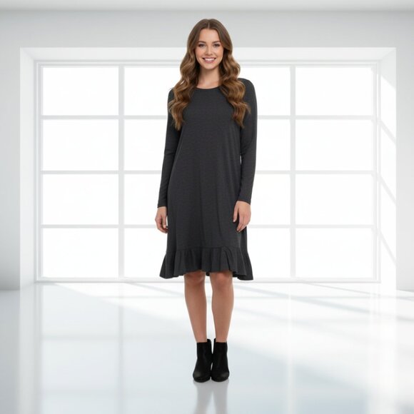 Zara Trafaluc Gray Long Sleeve Ruffle Hem Shift Dress | Cotton Blend Casual Comf - Picture 1 of 10